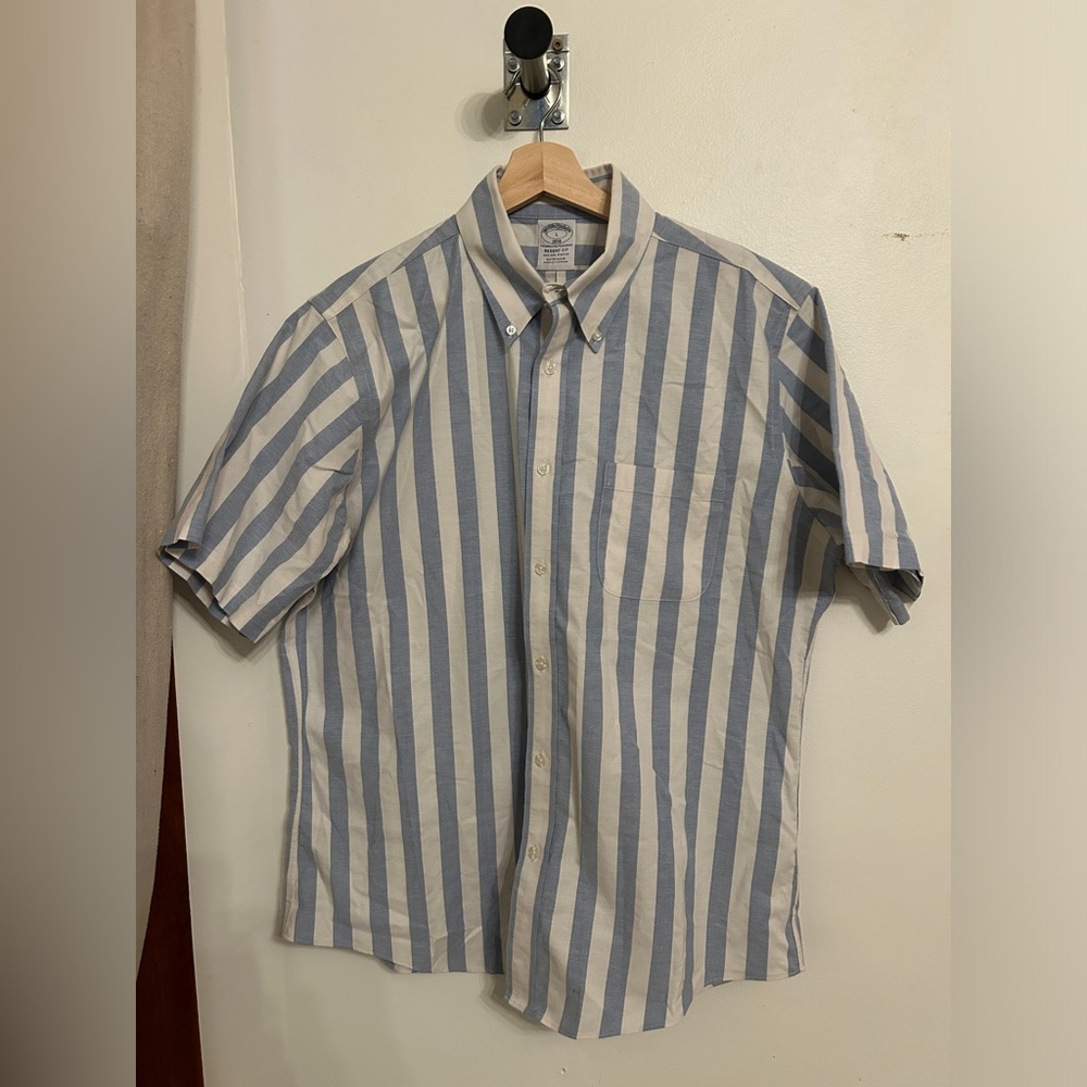 Brooks Brothers short-sleeve button-down oxford, blue-white stripe, regency/slim